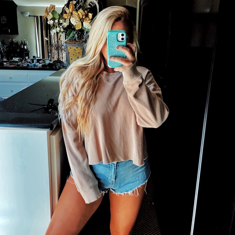 Brandy Melville Tan Beige Long Sleeve Tee Thermal Waffle Top